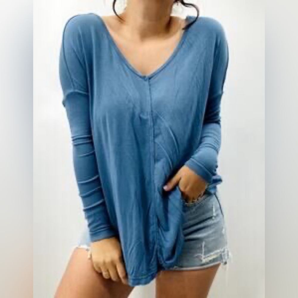 Free People Moonshine Love Tunic Long Sleeve Top Size XS Blue Oversized